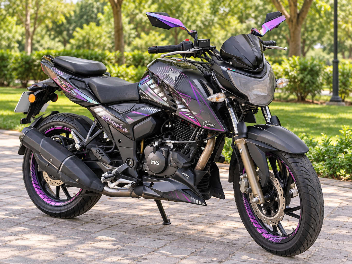 TVS Apache RTR 200 negra y gris personalizada con gráficos morados